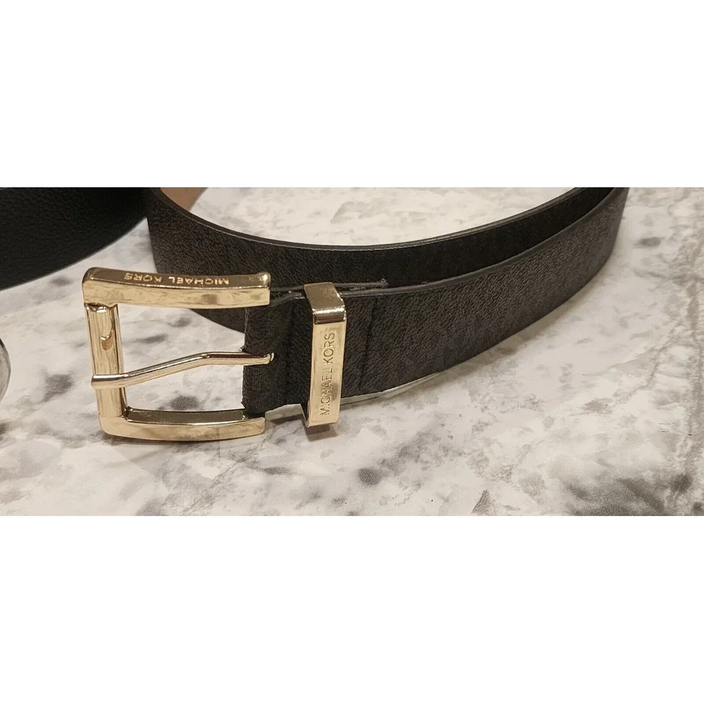 MICHAEL KORS Women's‎ MK Logo Belt Size M/L Brown & Black New Gold Silver